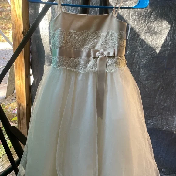 David's Bridal Ivory Lace Bodice Tulle Dress with Satin Bow - Picture 2 of 4